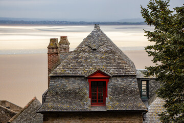 Fototapeta na wymiar Birds on a roof of Le Mont-Saint-Michel, France
