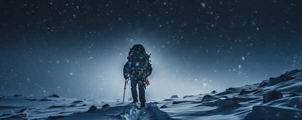 Man hiking in heavy snow storm in winter moutains. face covered with snow, copy space for text.