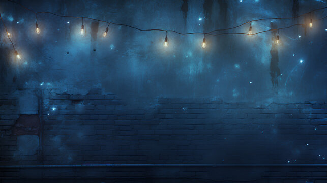 Blue Wall With String Lights Background 