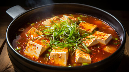 The Korean dish Sundubu jjigae is a thick tofu soup with seafood or meat.