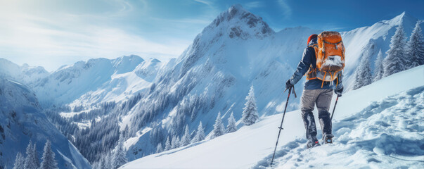 Naklejka na ściany i meble Ski walking or touring in winter alpine moutains.