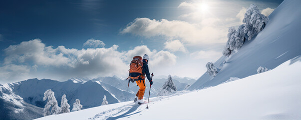 Ski walking or touring in winter alpine moutains. - obrazy, fototapety, plakaty