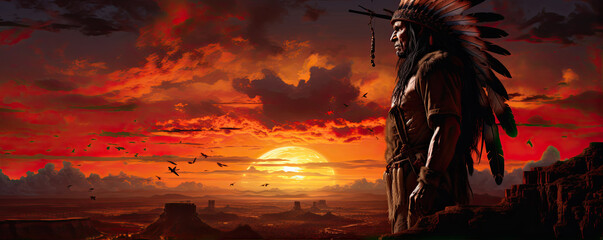 American indian in red sunset light. copy space for text.