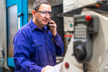 Factory worker operator in the numerical control sector talking on the phone with a client, metal industrial factory - obrazy, fototapety, plakaty