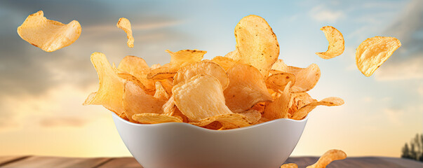 Potato chips in bow and some of them flying around.