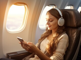 A girl in an aeroplane with headphones and a phone against the sunset background