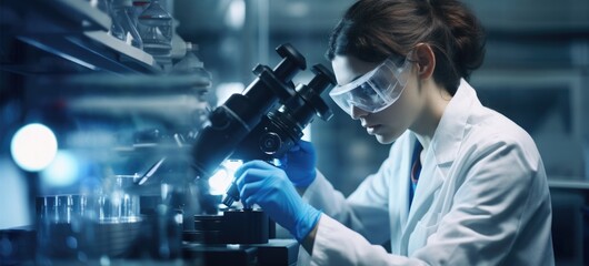 Beautiful girl lab technician looking through microscope, lab, banner - obrazy, fototapety, plakaty