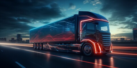 Futuristic Electric Truck Effortlessly Cruising Down the Highway - Ultra High Definition - obrazy, fototapety, plakaty