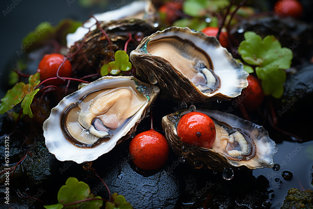 Poster a close-up of oysters arranged on a bed of seaweed, creating an aesthetic presentation that emphasiz