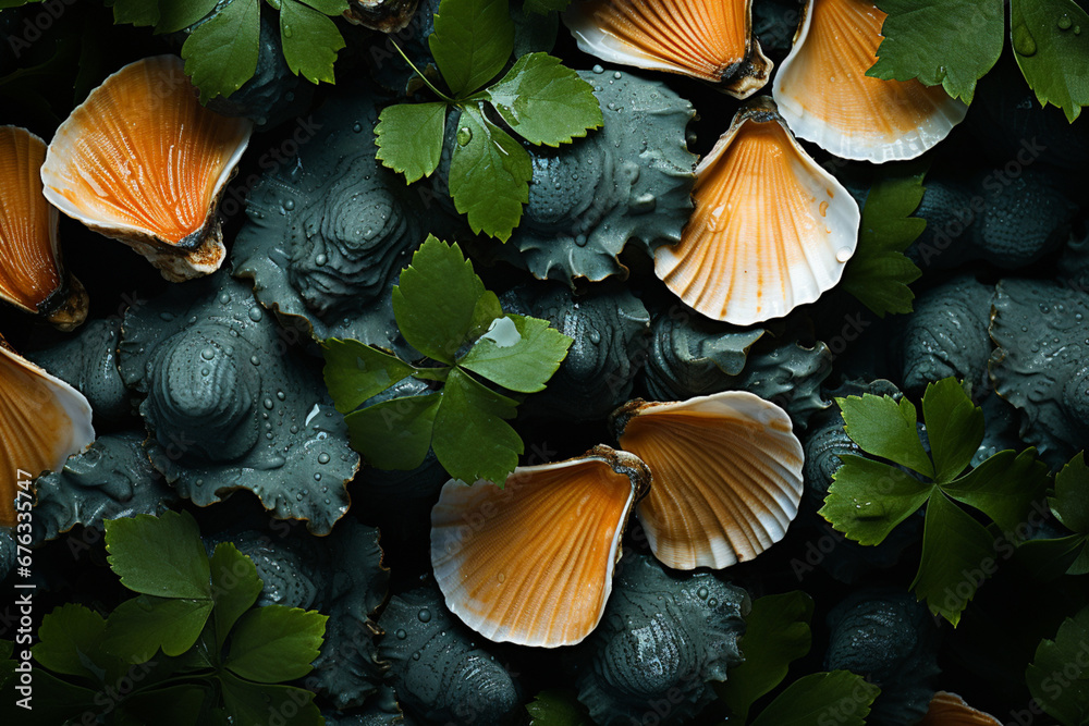 Poster a close-up of oysters arranged on a bed of seaweed, creating an aesthetic presentation that emphasiz