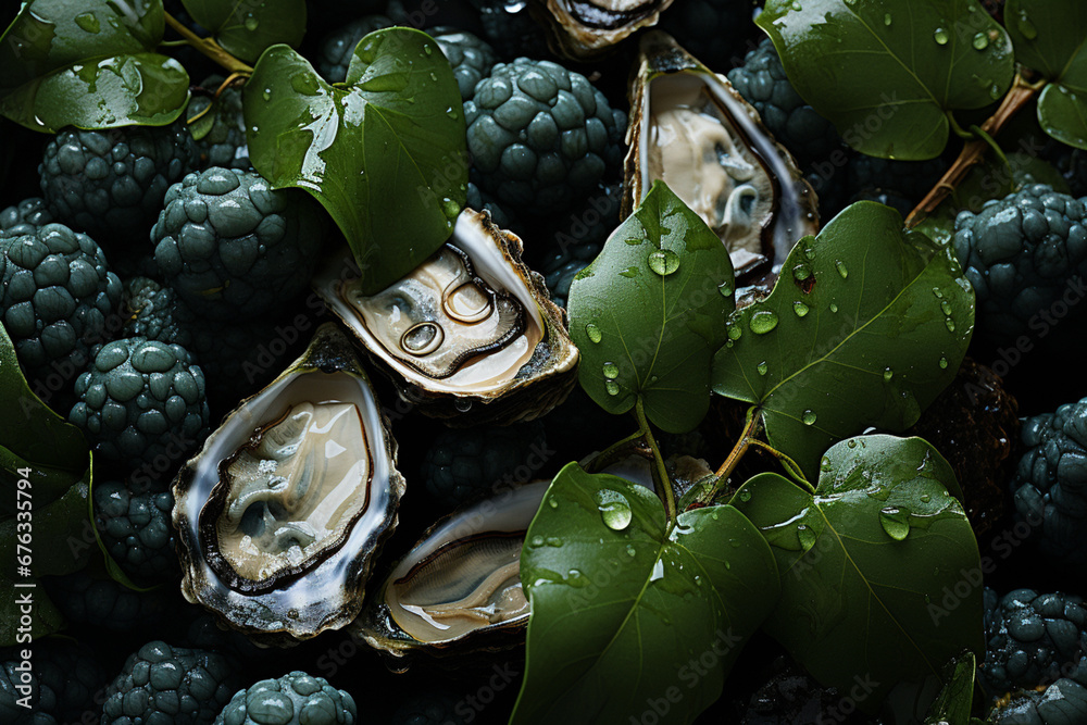 Poster a close-up of oysters arranged on a bed of seaweed, creating an aesthetic presentation that emphasiz