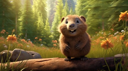 Adorable Solitary Beaver in a Forest Setting: A Charming Child-Friendly Illustration - obrazy, fototapety, plakaty
