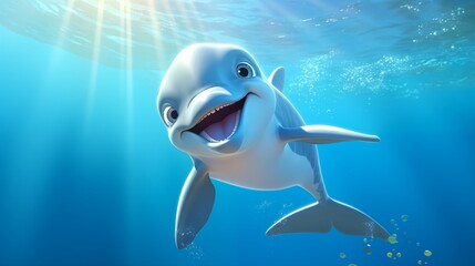 Adorable Dolphin Frolicking Happily in the Ocean, Gentle Undulations Illuminating Its Smile: A Perfect Kid's Illustration Full of Charm