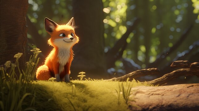 Adorable Fox Alone in the Enchanting Forest, A Captivating Kids' Illustration Full of Charm