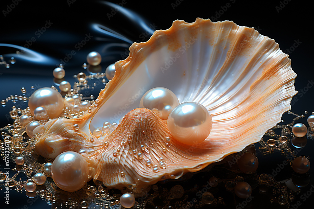 Poster a close-up of a single pearl glistening within a shell against a black backdrop, emphasizing its pur