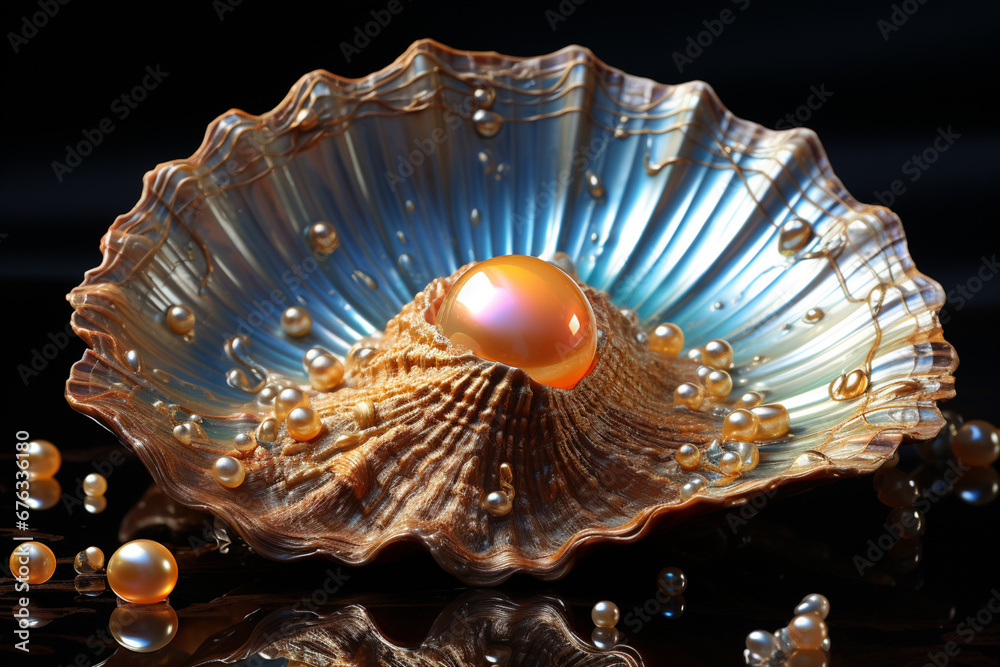 Aufkleber a close-up of a single pearl glistening within a shell against a black backdrop, emphasizing its pur