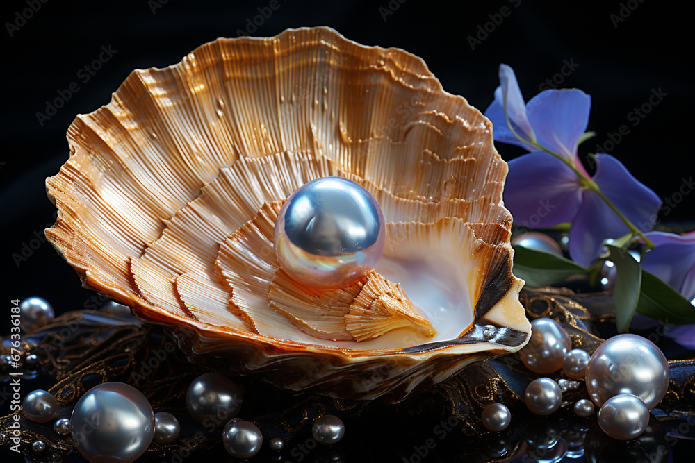 Aufkleber a close-up of a single pearl glistening within a shell against a black backdrop, emphasizing its pur
