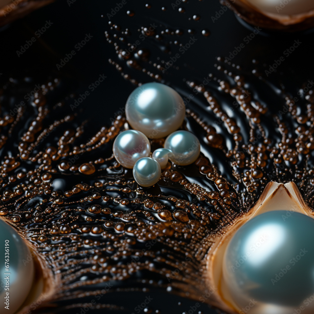 Aufkleber A close-up of a single pearl glistening within a shell against a black backdrop, emphasizing its purity and luminosity.  Pattern for tiles. 