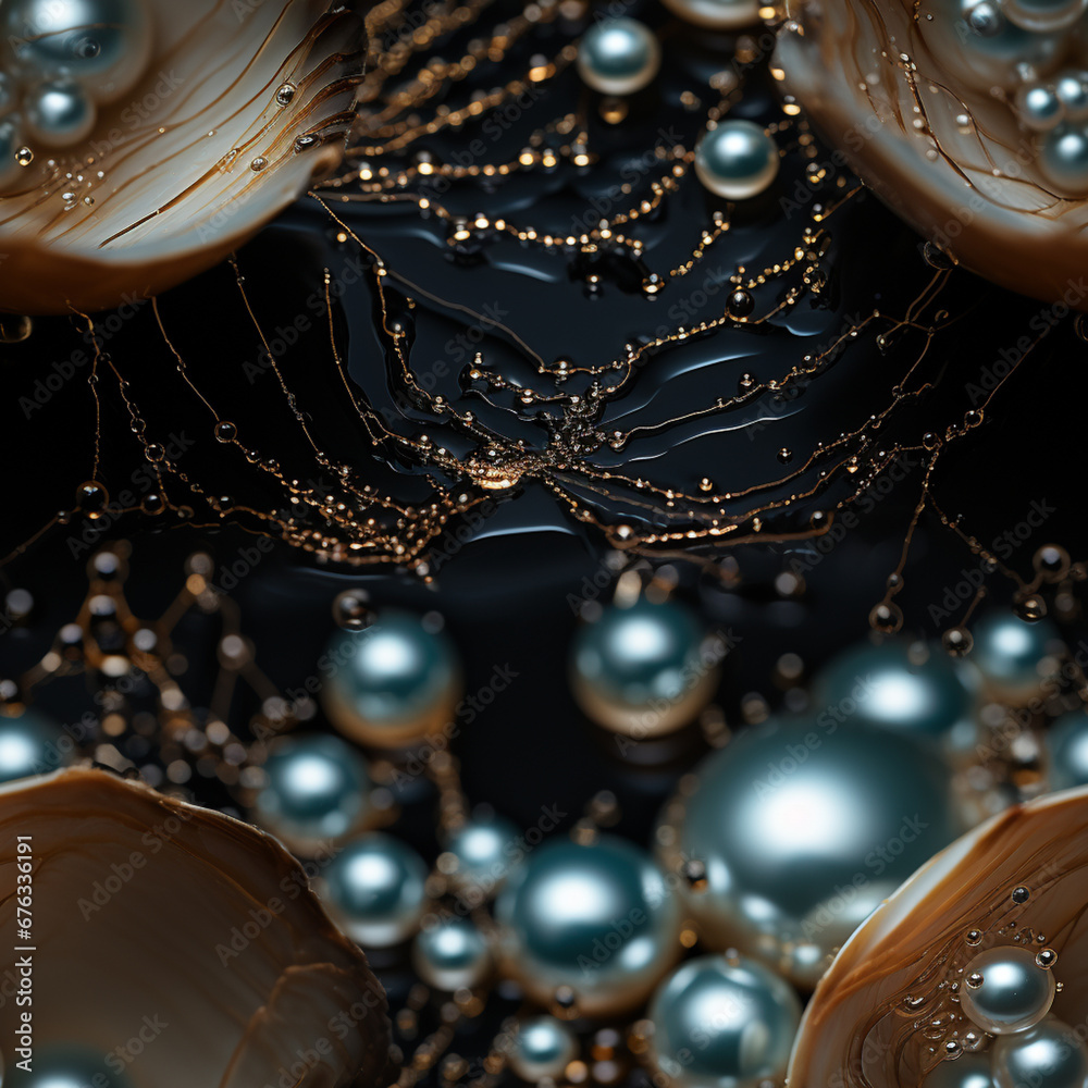 Poster A close-up of a single pearl glistening within a shell against a black backdrop, emphasizing its purity and luminosity.  Pattern for tiles. 