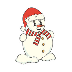 Cute cartoon retro character snowman wearing a red Santa Claus hat and striped scarf 