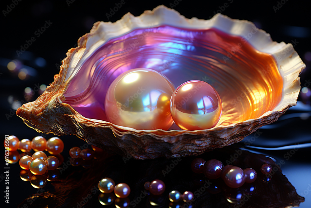 Leinwandbilder A close-up of a single pearl glistening within a shell against a black backdrop, emphasizing its purity and luminosity.  