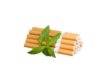 Menthol cigarettes and fresh mint leaves on colored background, Many cigarettes stacked together top view flat lay