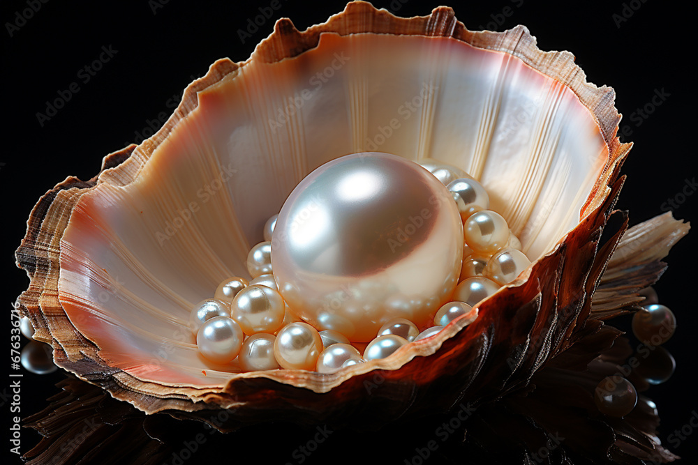 Aufkleber A close-up of a single pearl glistening within a shell against a black backdrop, emphasizing its purity and luminosity.  