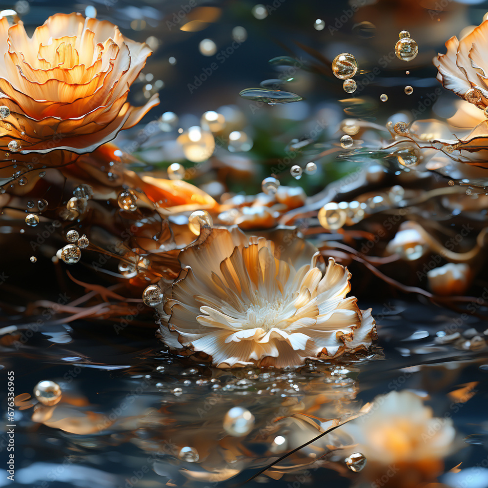Poster An image of a pearl in its natural habitat within a shell submerged in a tranquil underwater scene, Pattern for tiles. 