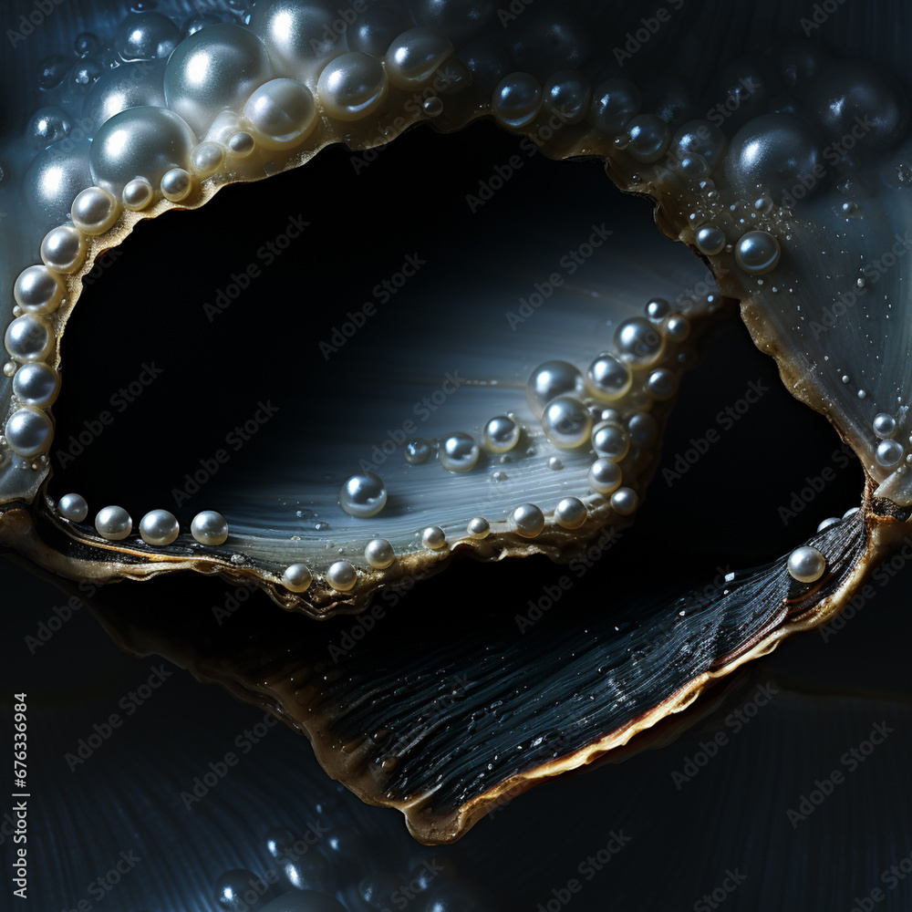 Fototapete a close-up of a single pearl glistening within a shell against a black backdrop, emphasizing its pur