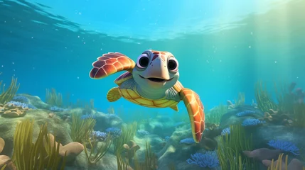 Poster Adorable Turtle Swims in the Deep Ocean: A full-body Kid's Illustration in Natural Aqua Environment © Fortis Design