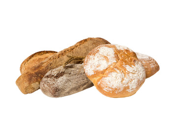 Homemade natural breads. Different kinds of fresh bread isolated on white background, perspective view with copy space