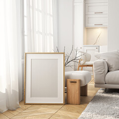 Frame mockup, ISO A paper size. Living room wall poster mockup. Interior mockup with house background. Modern interior design. 3D render
