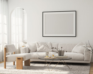 Frame mockup, ISO A paper size. Living room wall poster mockup. Interior mockup with house background. Modern interior design. 3D render
- 676337119