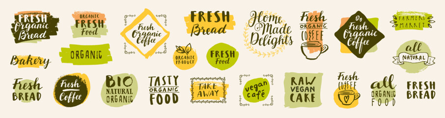 Vector bio organic labels set. Fresh Bread Bakery. Farmers Market. Food and drinks for healthy life. Fresh organic food and coffee labels collection. Logo templates. Beautiful calligraphic badges - 676337142