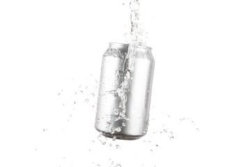 Soft drink can with water splash white background