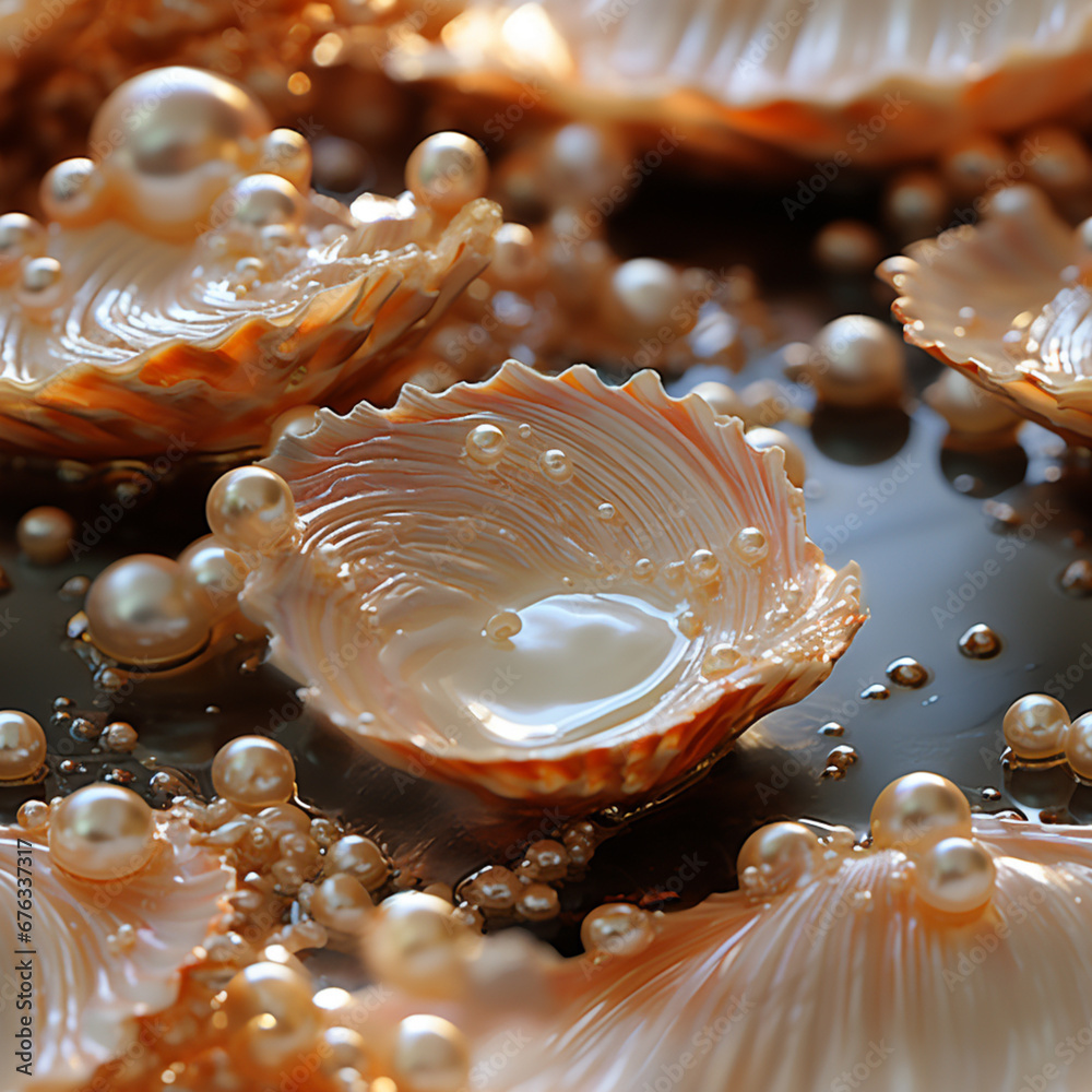 Leinwandbilder A photograph of a pearl in its early stages of formation within a shell, capturing the intricate process of pearl growth.  Pattern for tiles. 