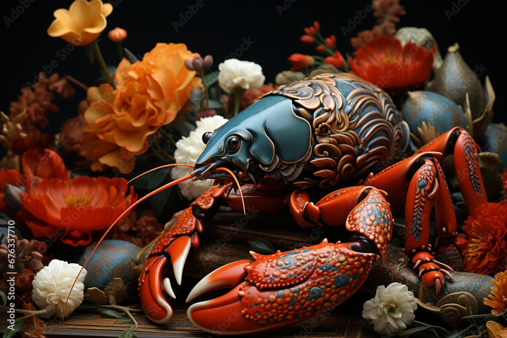 Poster an image of a lobster claw resting on a pile of lobster shells, offering a unique perspective on the