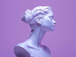 Statue of elegant Woman in profile from sculptural plasticine or clay. Gypsum head female Sculpture with violet pastel background. Modern trendy aesthetic y2k style for collage and decorations