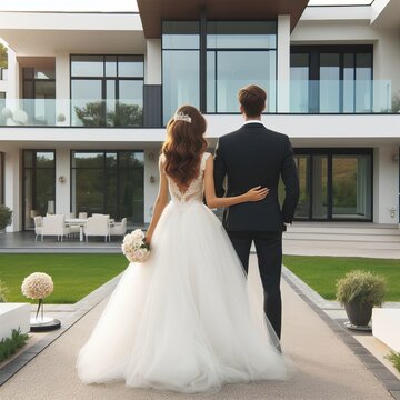 Freshly married in front of new modern construction house, Real estate, lifestyle concept, generative ai	