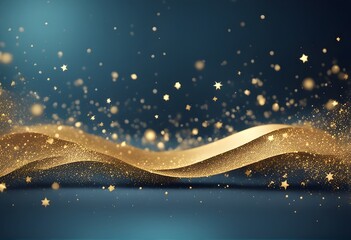 Abstract blue background with particles and golden shiny star dust. Christmas feeling. A navy blue backdrop adorned with a shimmering cascade of golden light, creating a captivating bokeh effect.