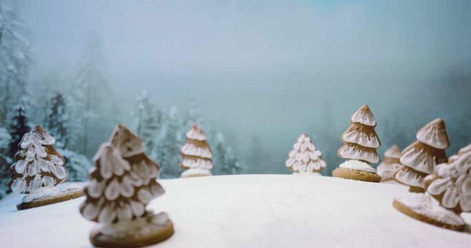  Magic Christmas gingerbread forest on winter background
