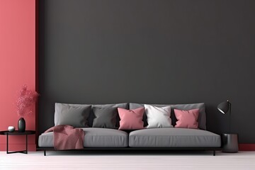 interior with grey sofa, red pillows and black wall