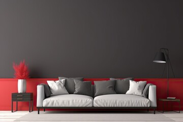 interior with grey sofa, red pillows and black wall