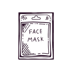 Hand-drawn face mask in a package, beauty cosmetic element, self care. Illustration for beauty salon, cosmetic store, makeup design. Doodle sketch style.