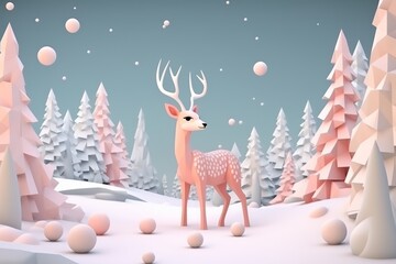 3d deer  in a snowy forest decoration figure christmas design illustration, pastel tones, xmas card