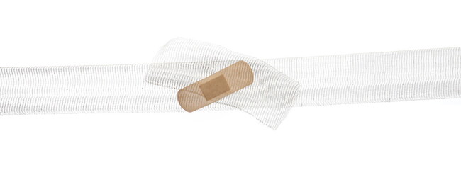 New medical bandage line and  adhesive bandage isolated on white, clipping path
