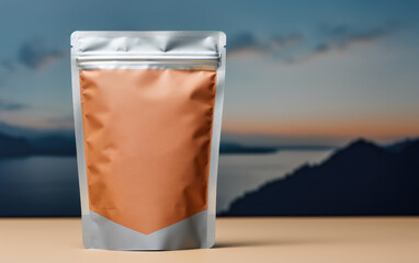 Ziplock packaging bag mockup on a table on sea and forest landscape background