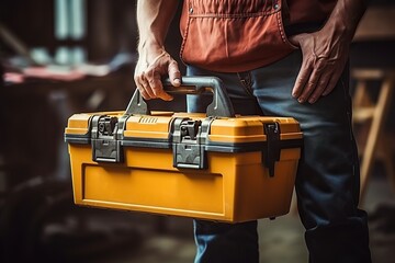 Close-up of a construction worker holding a toolbox in his hands