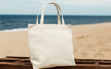 Fabric tote bag mock up on the beach - obrazy, fototapety, plakaty