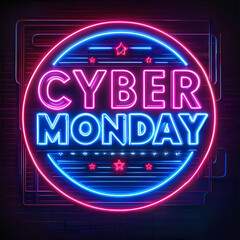Cyber monday 2023 neon sign on dark background.